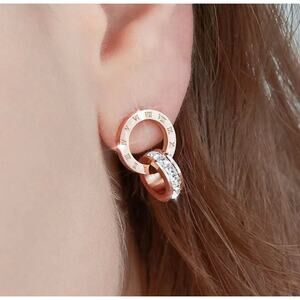 Roman Numeral stainless Steel Gold Zircon Small Looped Hoop Earrings